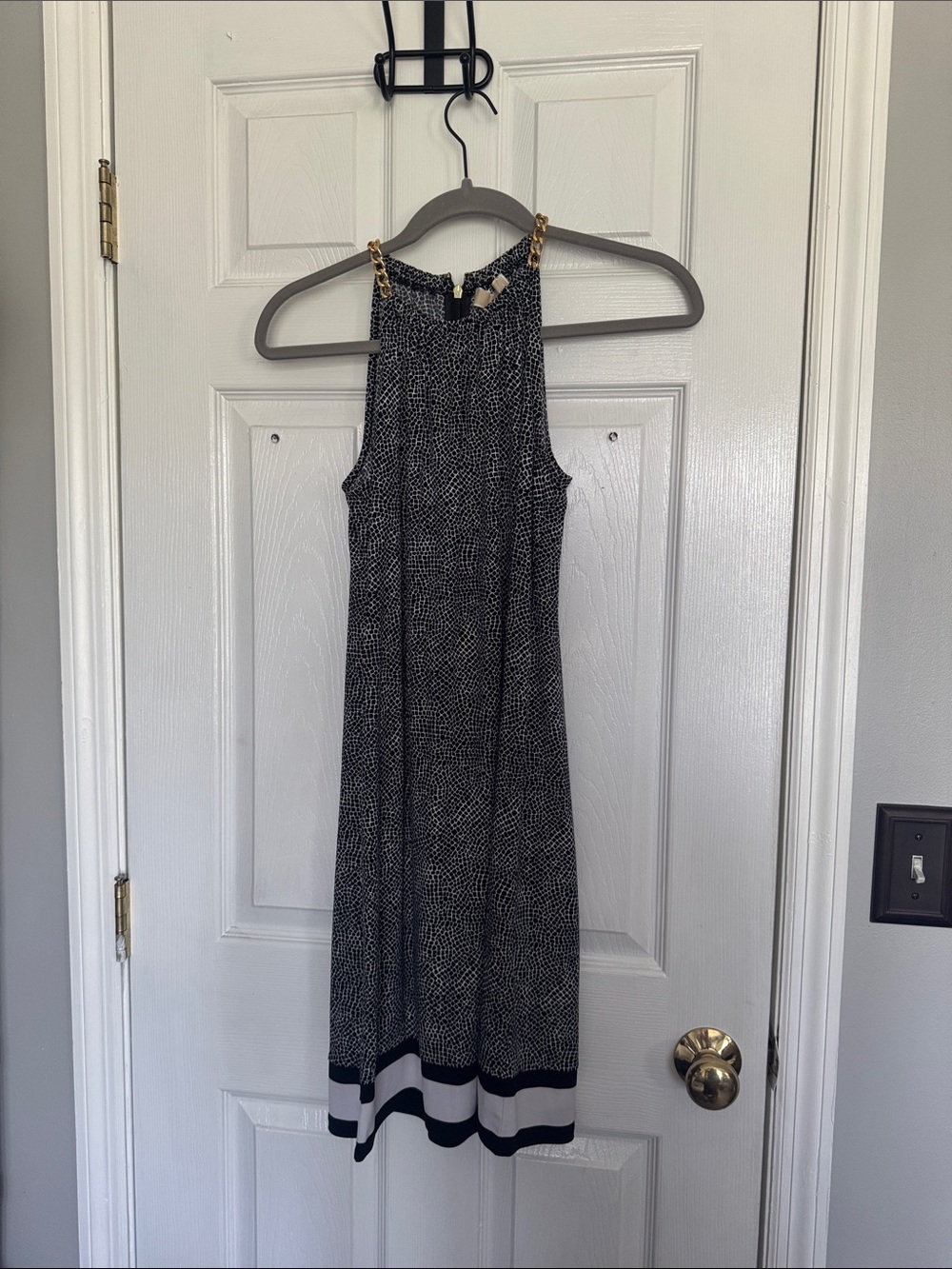 Michael Kors Black & White Midi Halter Dress with Gold Chain Straps